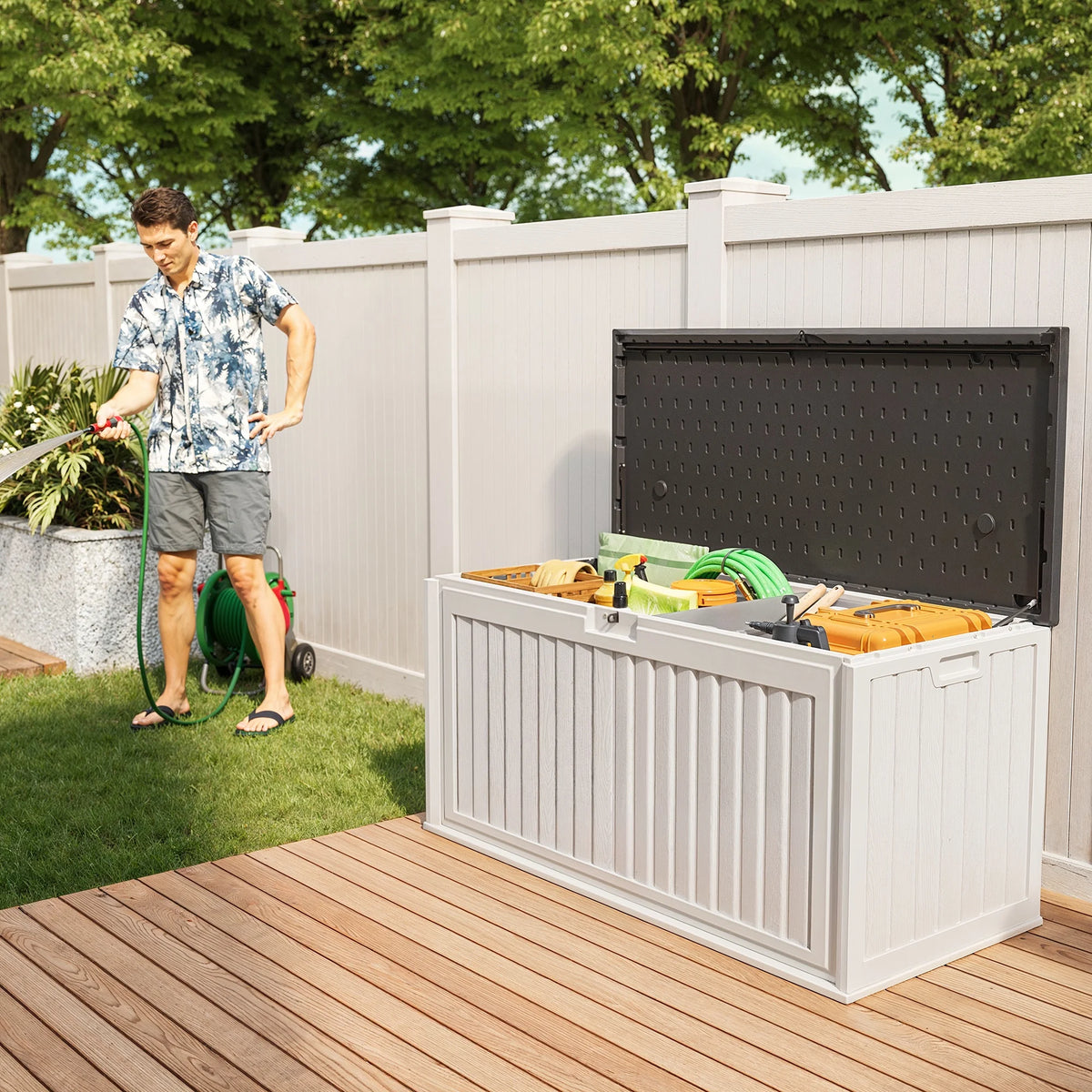 100 Gallon Resin Deck Box, Asofer Lockable Patio Outdoor Storage Box, Garden Tools Storage, Beige/Brown