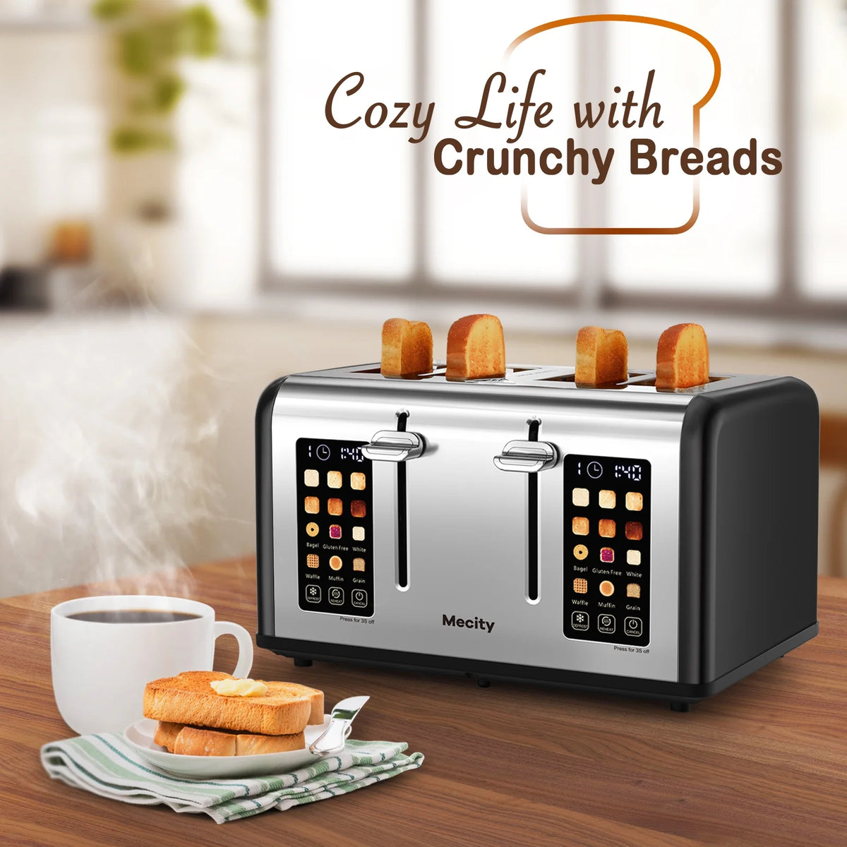 Mecity 4-Slice Touchscreen Toaster, Stainless Steel, 6 Browning Settings, Reheat, Cancel, Defrost, Removable Tray