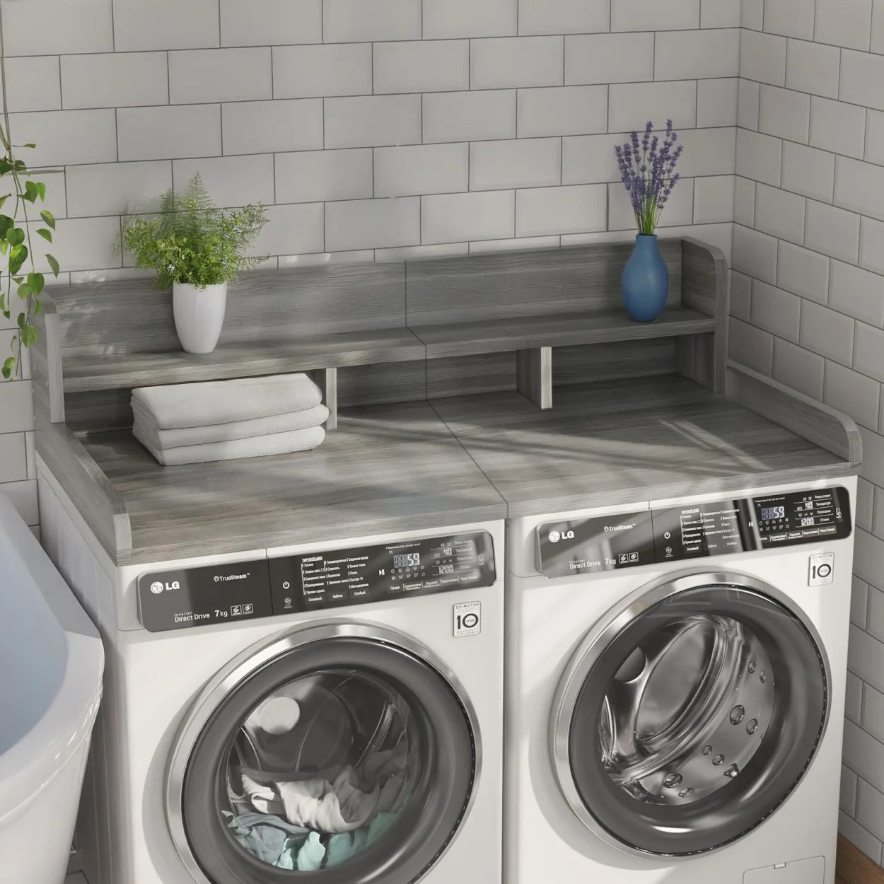 Wood 2-Tier Washer Dryer Countertop with Edge Rails, 54" W x 27.5" D Washer and Dryer Topper for Laundry Room Organization and Storage, Walnut