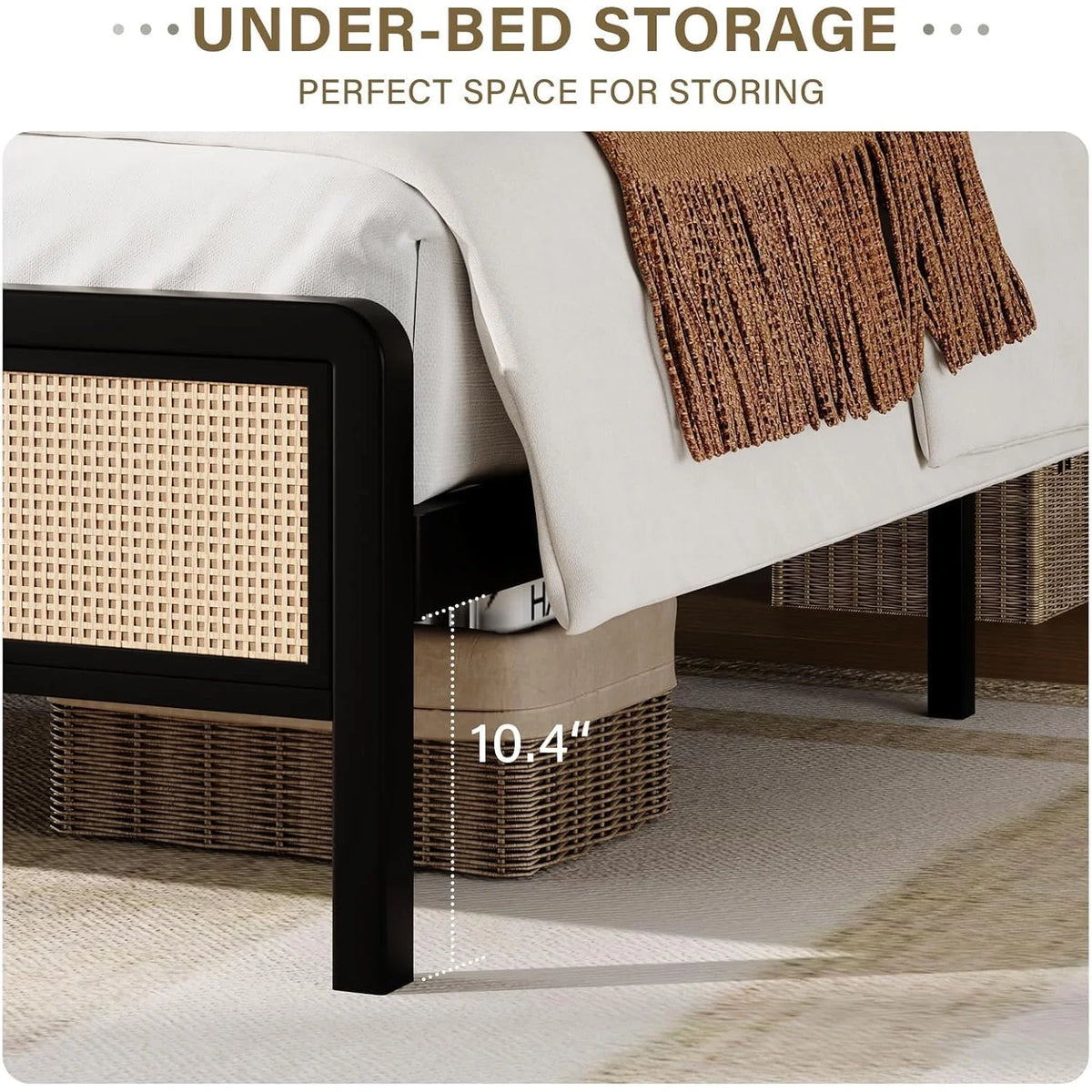 4 EVER WINNER Queen Size Bed Frame, Rattan Bed Frame with Natural Rattan Headboard and Footboard, No Box Spring Needed, Black