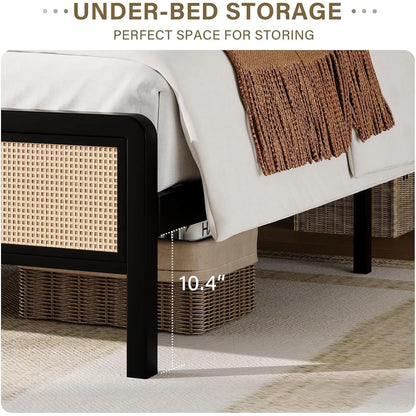 4 EVER WINNER Queen Size Bed Frame, Rattan Bed Frame with Natural Rattan Headboard and Footboard, No Box Spring Needed, Black