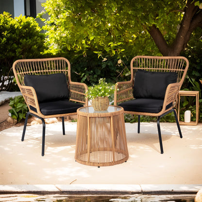 Tappio 3-Piece Patio Conversation Bistro Set Rattan Furniture, Outdoor Patio Set w/Glass Top Table & Cushions for Garden Balcony Backyard Poolside, Yellow/Beige