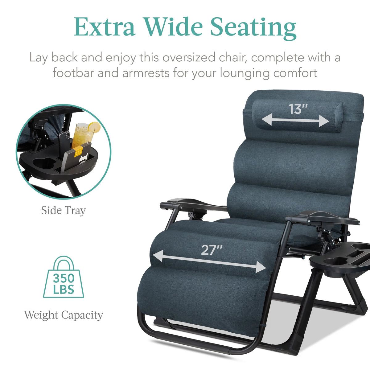 Best Choice Products Oversized Zero Gravity Chair, Folding Recliner w/ Removable Cushion, Side Tray - Fossil Gray