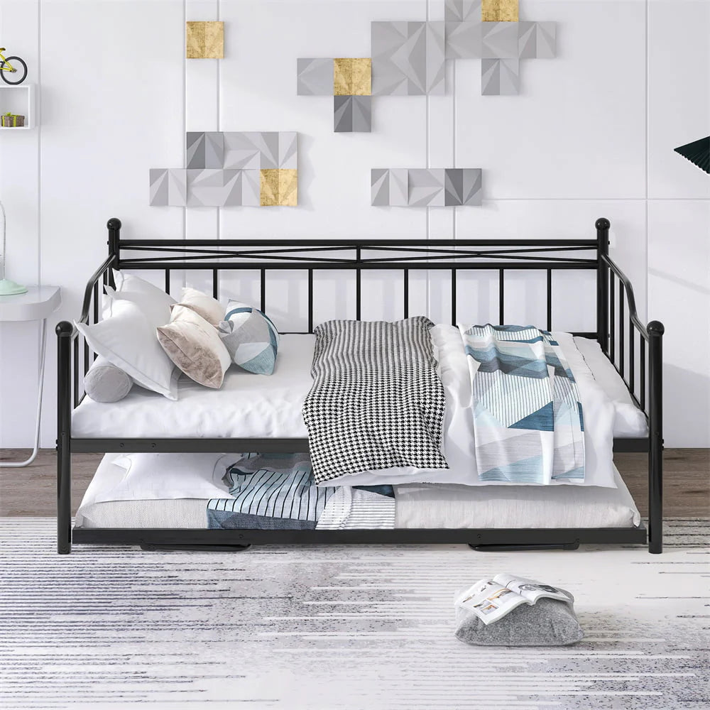 Full Size Daybed with Twin Size Adjustable Trundle, Sturdy Steel Daybed Frame with Portable Folding Trundle, Extendable Sofa Bed for Kids Teens Adults, Living Room Bedroom Dual-use Daybed, Black