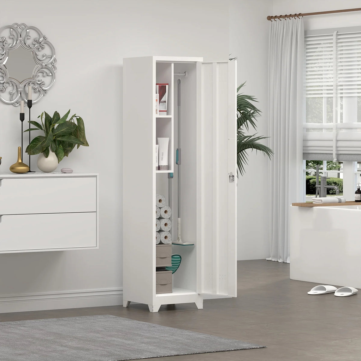 Marcree Slim Broom Storage Cabinet, Metal Cabinet with Shelves and Hanging Rod, 65" Utility Storage Cabinet with Locking Door, Tall Cleaning Storage Cabinet for Kitchen, Pantry, Office, Shop, Garage