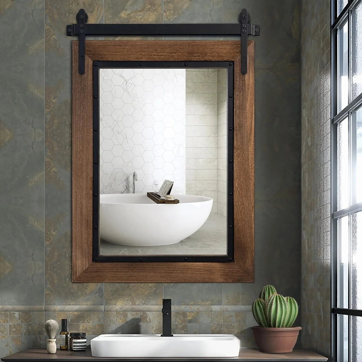COSMOGO Farmhouse Barn Door Style Natural Wood Bathroom Vanity Wall Mirror 24"x32"