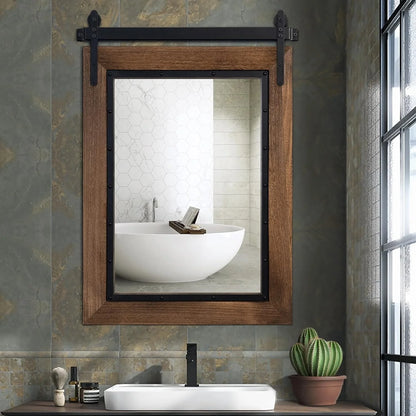 COSMOGO Farmhouse Barn Door Style Natural Wood Bathroom Vanity Wall Mirror 24"x32"