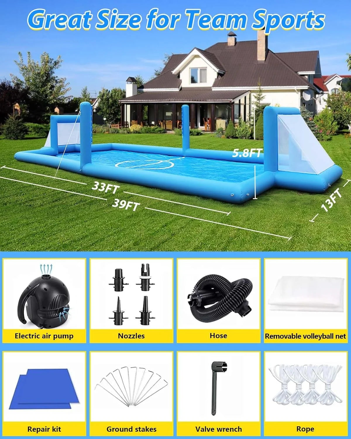 33FT Inflatable Volleyball Court Beach Pool Volleyball Net for Backyard Outdoor Training Game with 800W Air Pump, Volleyball Pool/Water Volleyball Field