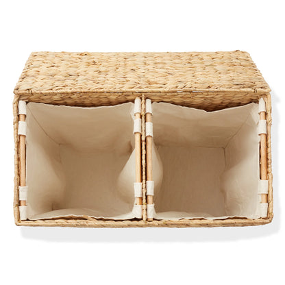 Casafield 2-Section Laundry Hamper with Lid and Removable Liner Bags - Natural, Woven Water Hyacinth Laundry Basket for Clothes