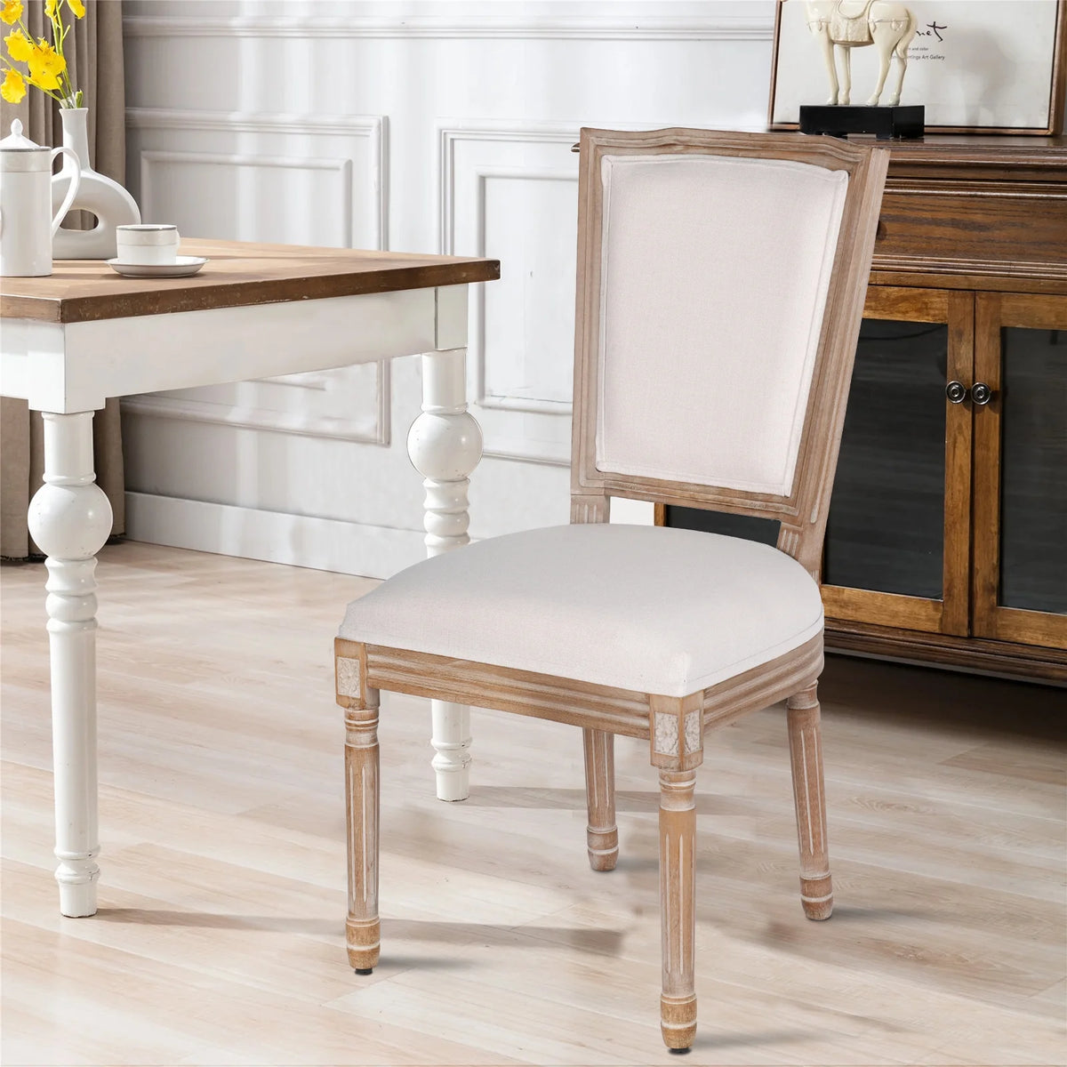French Dining Chairs Set of 2 Beige Natural Fabric Round Back with Solid Wood Legs and Frame for Bedroom Dining Room Kitchen