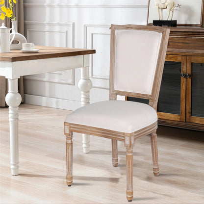 French Dining Chairs Set of 2 Beige Natural Fabric Round Back with Solid Wood Legs and Frame for Bedroom Dining Room Kitchen