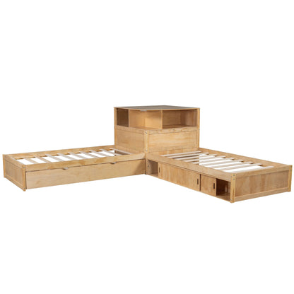 Euroco Pine Wood L-Shaped Twin Platform Bed with Storage Desk, Cabinets, Trundle and LED Light for Kids Teens, Gray