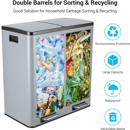 LAZY BUDDY Dual Garbage Can, Stainless Steel 16 Gallon Step Kitchen Trash Can with Soft-Close Lid, Double Compartment Garbage Recycling Bin