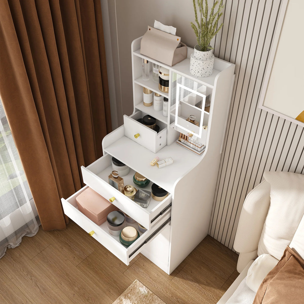 Montary Modern Mini Vanity w/Adjustable LED Mirror + Hidden Storage, Padded Stool & Dustproof Shelves (White)