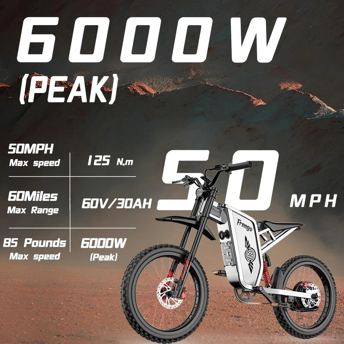 6000W(Peak) Motor 60V/30Ah Battery Freego X2Pro Electric Motorcycle for Adults, Electric Bike ,50MPH/7 Speed Off Road Electric Bicycle,19x2 Full Suspension/Four-Piston Hydraulic Brake UL2849MTB