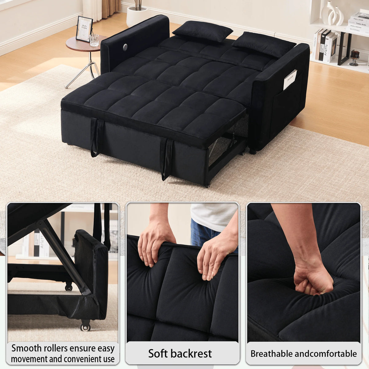 Velvet 3-in-1 Convertible Sofa Bed �C USB Charging, Adjustable Backrest Pull-Out Couch Loveseat Sleeper for Living Room, Apartment & Small Space,Black