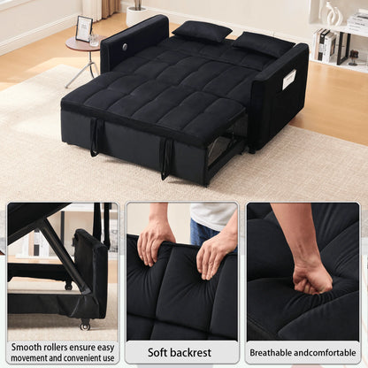 Velvet 3-in-1 Convertible Sofa Bed �C USB Charging, Adjustable Backrest Pull-Out Couch Loveseat Sleeper for Living Room, Apartment & Small Space,Black