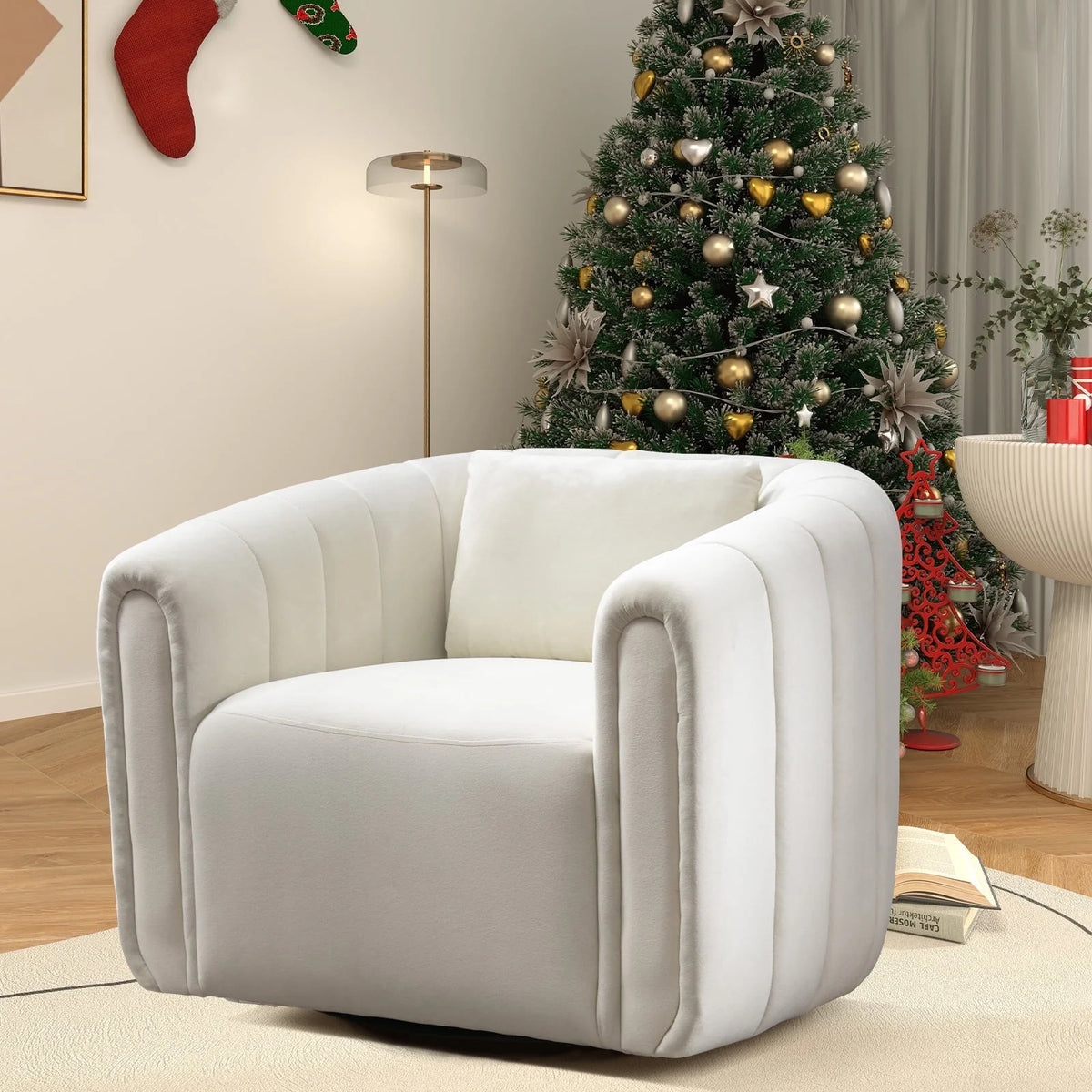 Bonzy Home Swivel Chair with Plump Pillow, Modern Velvet Accent Chair for Living Room Bedroom , Comfy Round Armchair, Orange