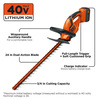 BLACK+DECKER 40V MAX* Cordless Hedge Trimmer, 24-Inch, (LHT2436)