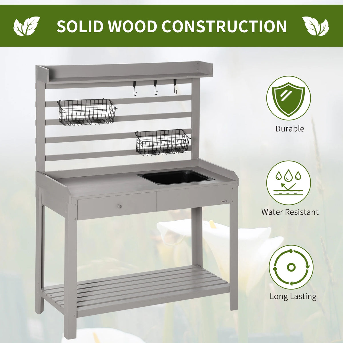 Outsunny Potting Bench Table, Garden Work Bench, Workstation with Metal Sieve Screen, Removable Sink, Additional Hooks and Baskets for Patio, Courtyards, Balcony, Natural