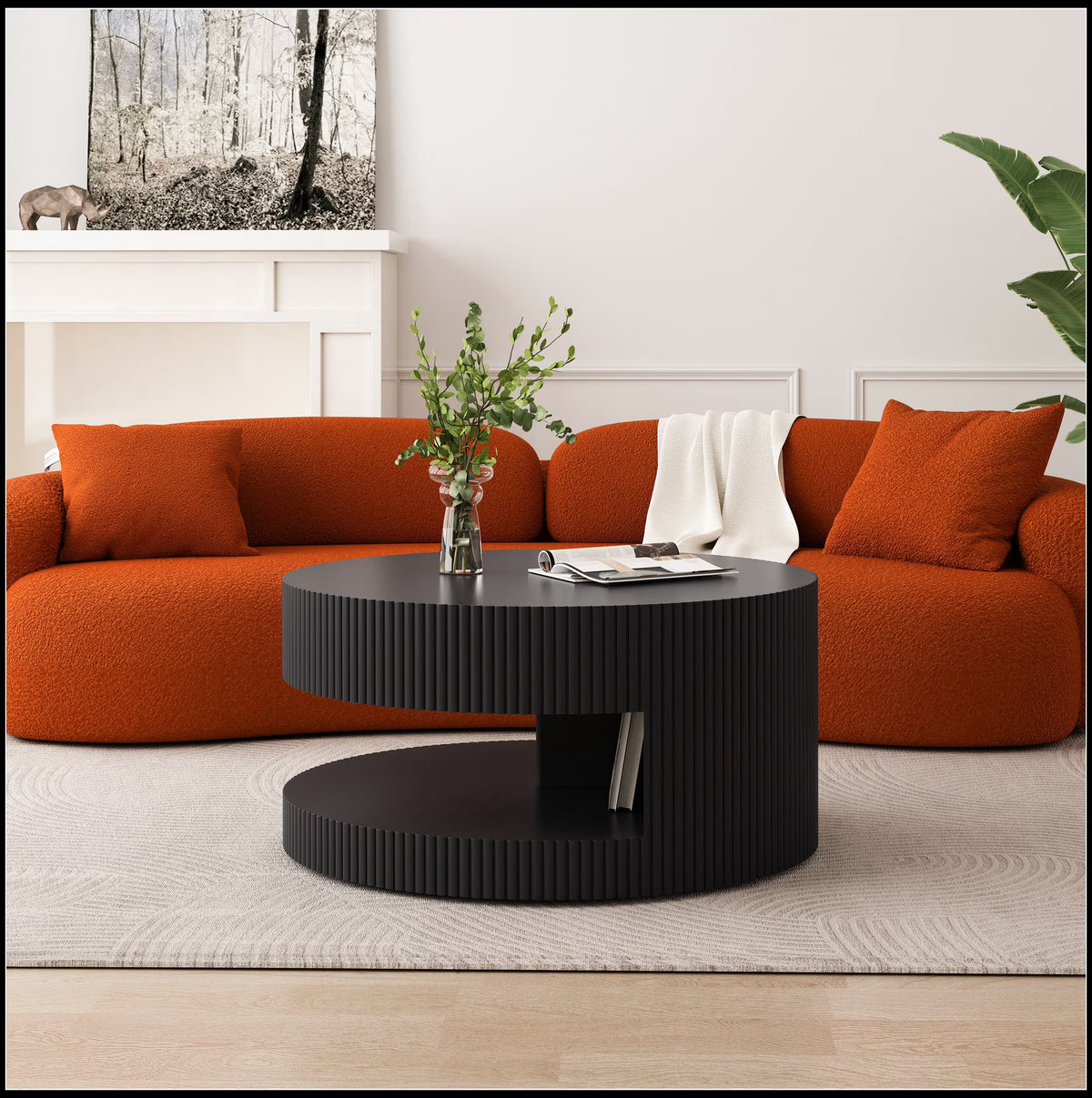 31.5'' Round Coffee Table,Modern Center Table with Storage,Vertical Stripe Design Coffee Table