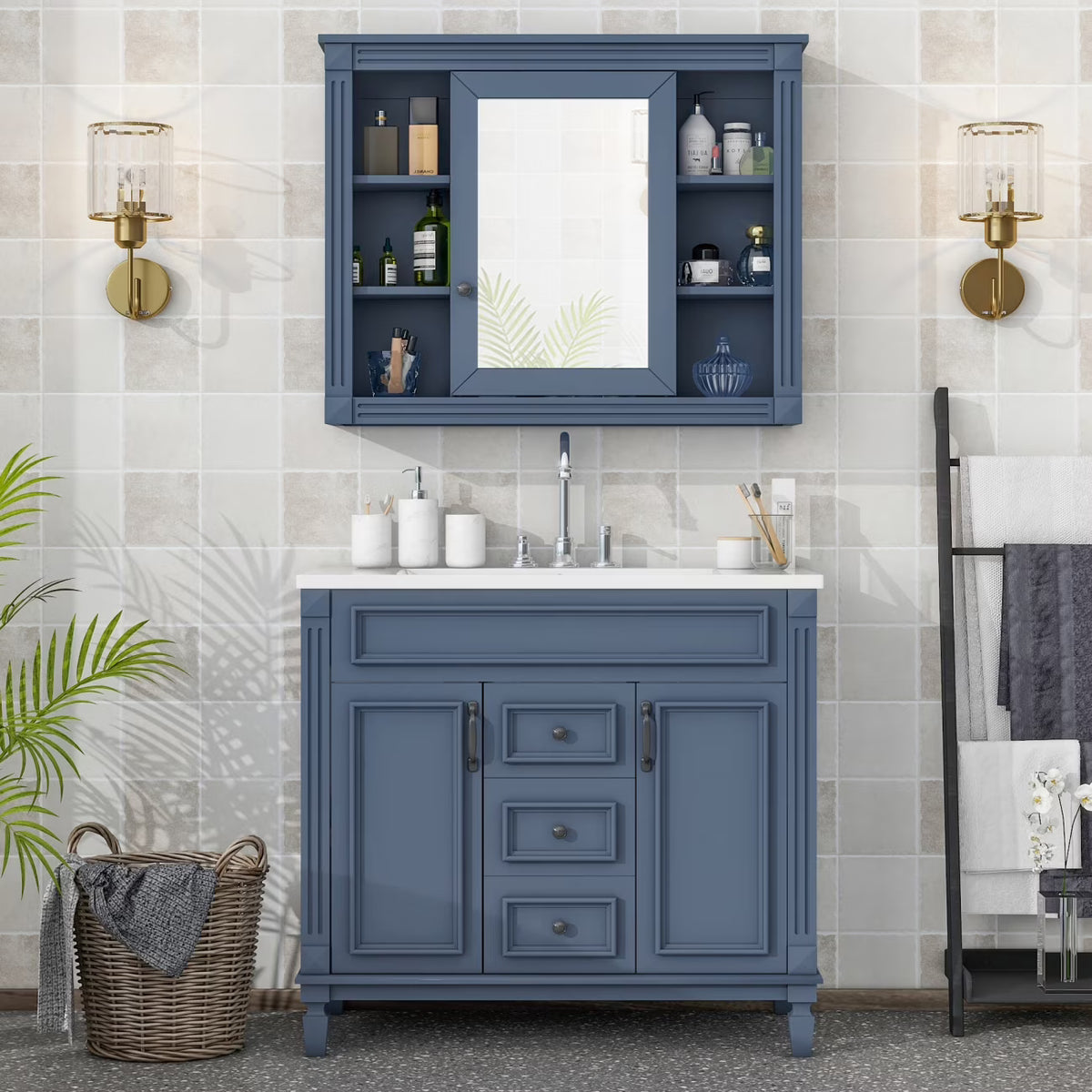 36'' Bathroom Vanity Set, Undermount Bathroom Cabinet and Mirror Cabinet, Ceramic Sink Top, Storage Cabinet with 2 Soft Closing Doors and 2 Drawers, Vanity Cabinet Set, Suit for 4'' Faucet, Gray