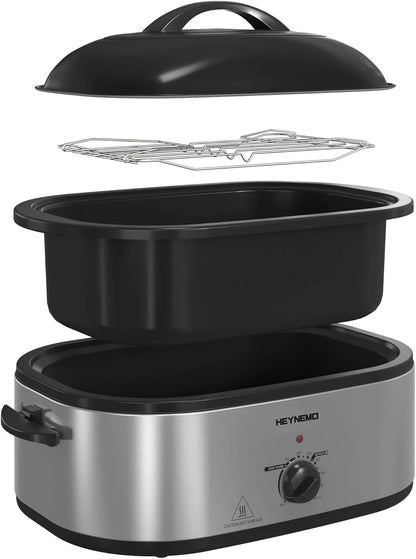 18 Quart Electric Roaster Oven, Turkey Roaster Electric, Roaster Oven Buffet, Selfbasting Lid, Removable Pan, Full-Range Temperature Control Cool-Touch Handles, White Body, Black Lid