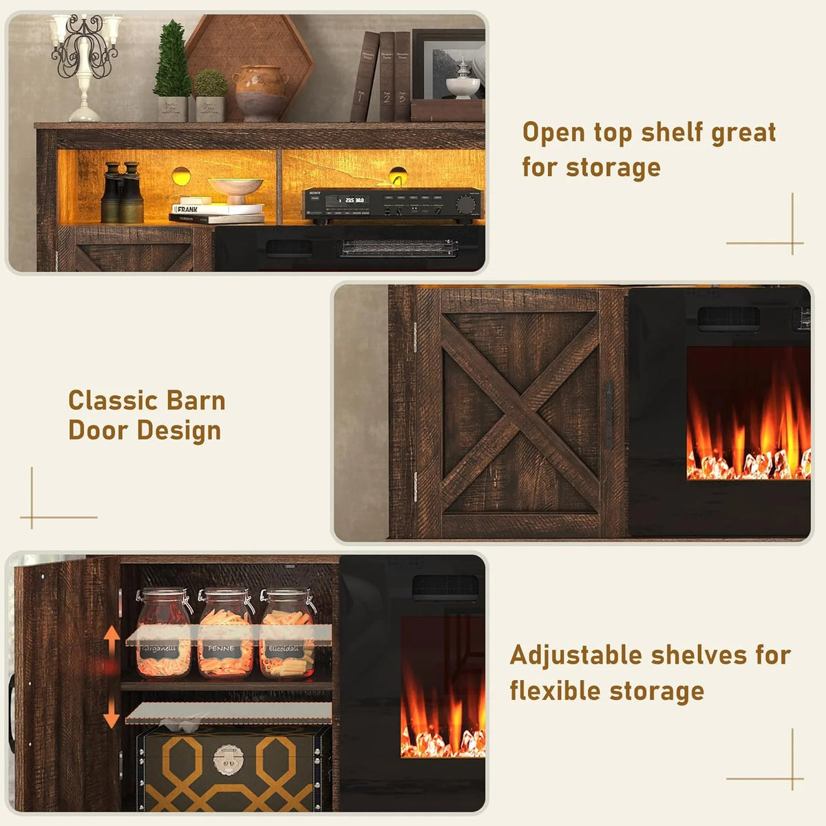 ChVans 70" Fireplace TV Stand for TVs up to 80" with 36" Electric Fireplace, Farmhouse Entertainment Center with LED, Wooden Media Console for Living Room, Bedroom