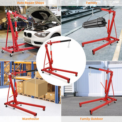 GARVEE 2 Ton Folding Hydraulic Engine Hoist with Lever,Folding Engine Shop Crane Hoist Lift,Heavy Cherry Picker with 6 Wheels for Garage,Workshop,Yellow