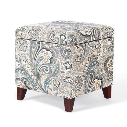 Homebeez Printed Linen Cube Storage Ottoman with Solid Wood Legs, Cube Footstool, Storage Cabinet, 18" H Weight Capacity 300LB Blue