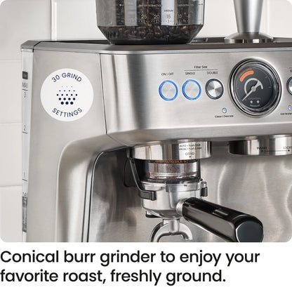Chefman Crema Supreme Espresso Machine with Conical Burr Grinder and Steam Wand a?? Stainless Steel, New