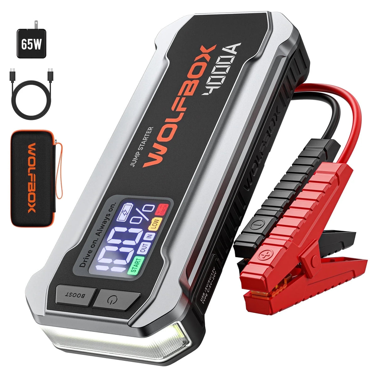 WolfBox 4000A Car Battery Jump Starter, Portable Jump Starter Battery Pack, Battery Booster, Jump Box, Fast Charger and Jumper Cables for 10L Gasoline and 10L Diesel Engines