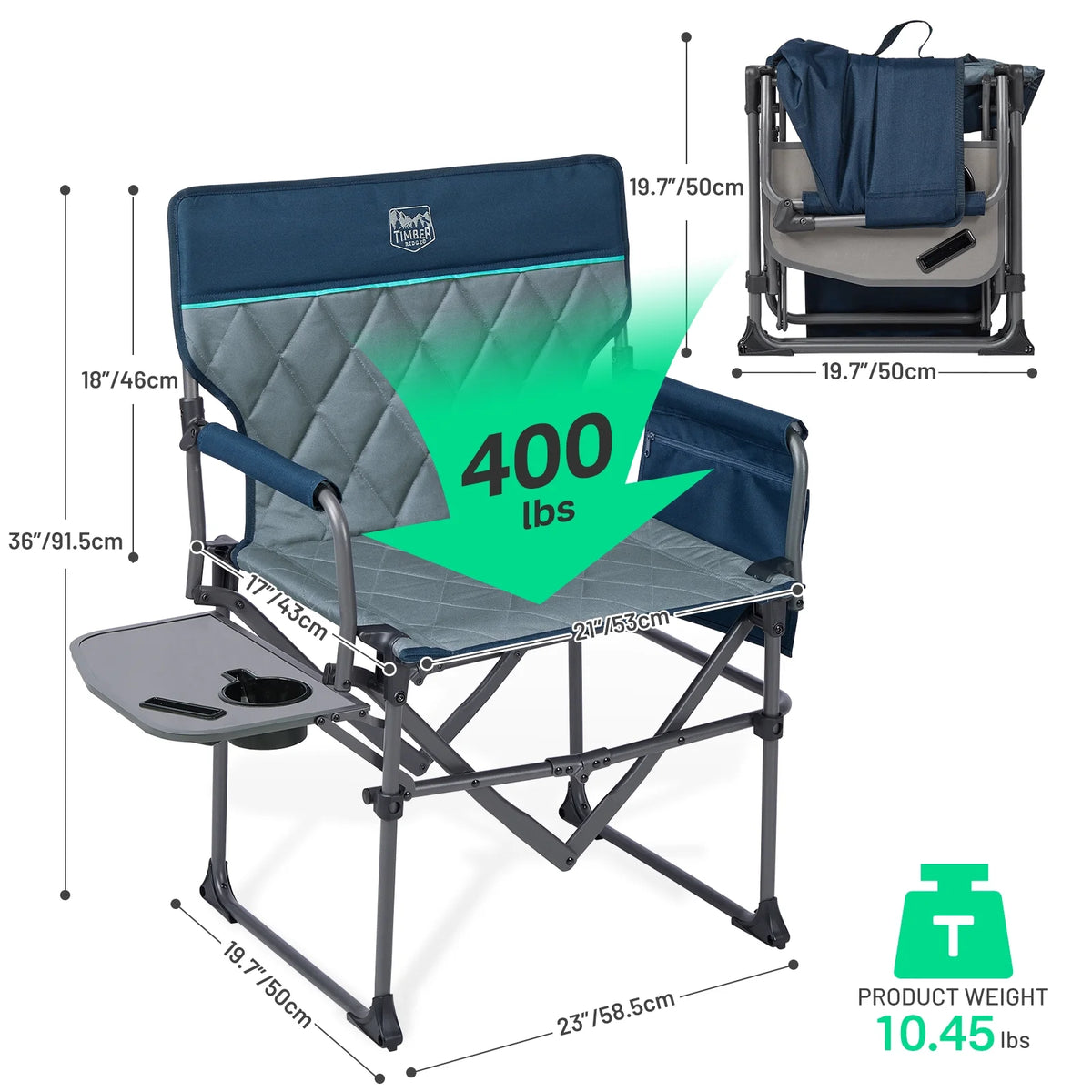 TIMBER RIDGE Portable Director Chair, Heavy Duty Camping Folding Chair with Compact Size with Side Pocket and Side Table, Support 400 lbs, Grey