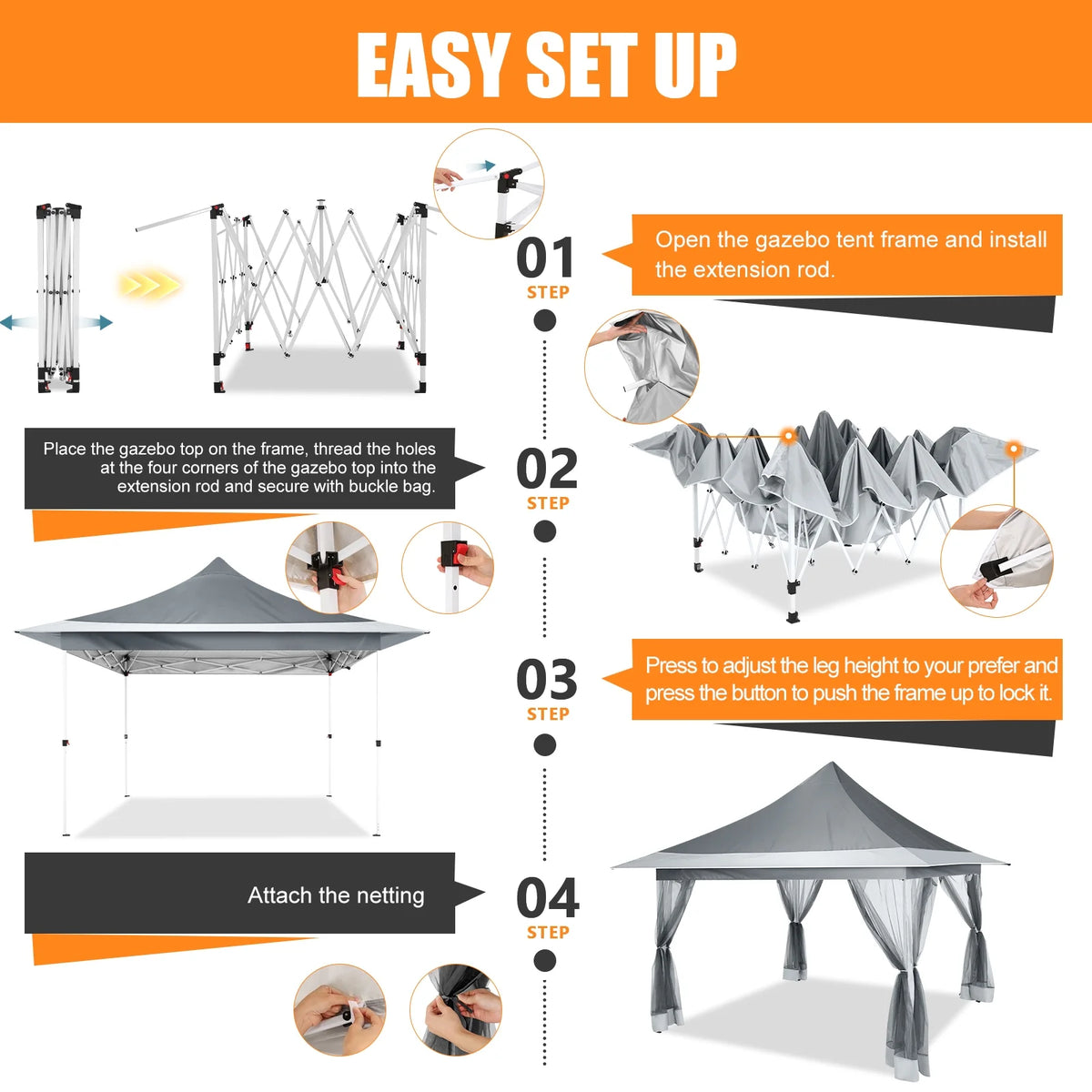 HOTEEL 12x12 EZ Pop Up Gazebo Tent with Sidewalls,Patio Gazebo Instant Shelter for Outdoor Party Camping Backyard Beach with Carry Bag,Stakes,Ropes,Gray