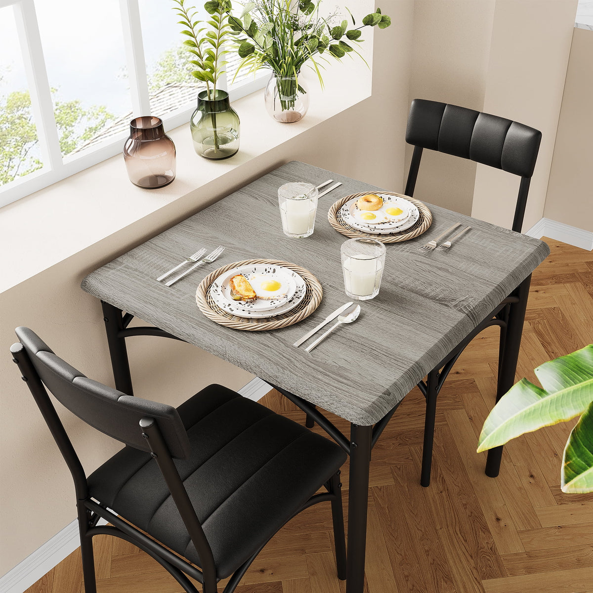 3 Piece Dining Table Set, Modern Industrial Table and Chairs Set for Home Kitchen, Kitchen Table Set for Small Space, Apartment, Rustic Gray
