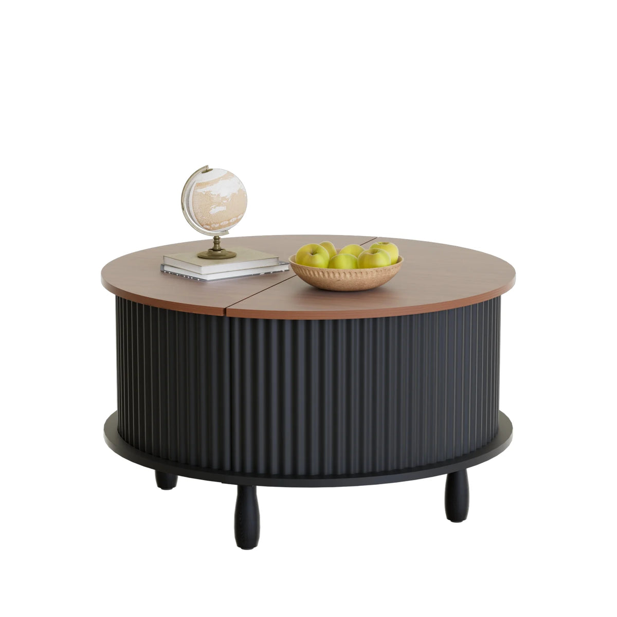 RUMLIVE Round Coffee Table with Storage, 30.7" Modern Coffee Table with 360�� Curved Sliding Door, Fluted Wood Coffee Table with Footpads, Round Center Table for Living Room, Black