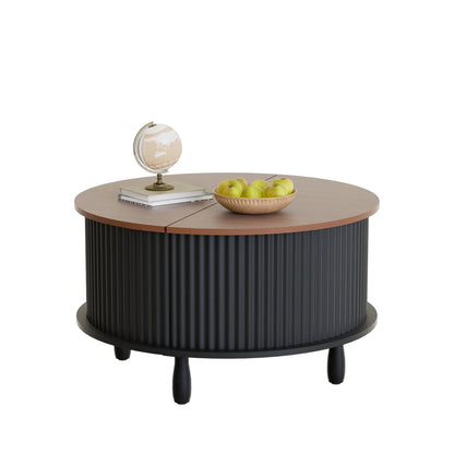 RUMLIVE Round Coffee Table with Storage, 30.7" Modern Coffee Table with 360�� Curved Sliding Door, Fluted Wood Coffee Table with Footpads, Round Center Table for Living Room, Black