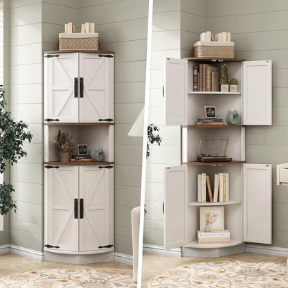 Vabches Farmhouse 64.8'' Tall Corner Cabinet with 4 Doors and 5 Storage Shelves for Kitchen, Living Room, White