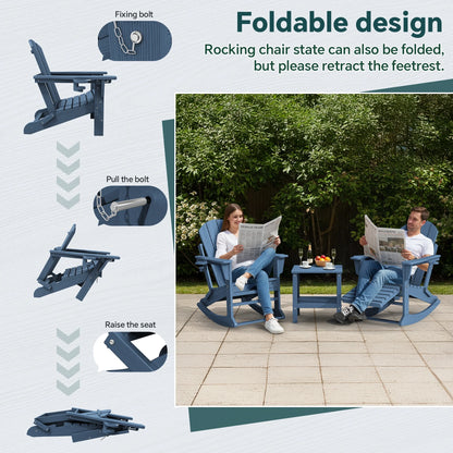 KINGYES Folding Adirondack Rocker Chair Set of 2 W/ Footrest & Dual Cup Holders, HDPE Outdoor Patio Rocking Chair, Black