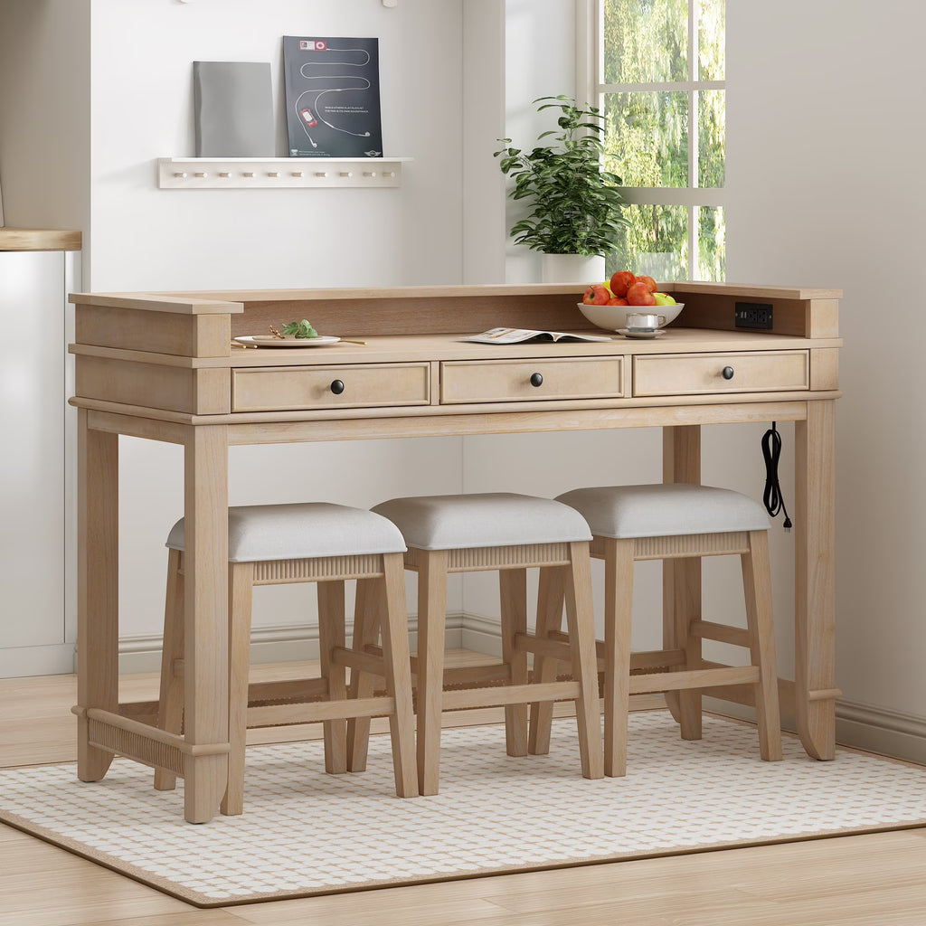 Harper & Bright Designs 4 Piece Bar Table Set for 4, Kitchen Dining Stools Set with 3 Upholstered Stools with 3 Drawers and USB Port, Gray
