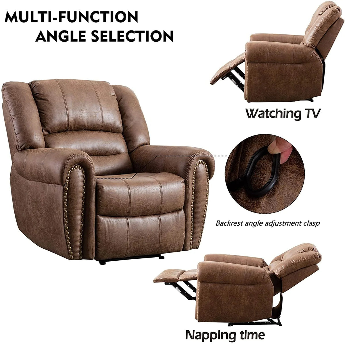 Bonzy Home Widen Leather Recliner Chair with Comfortable Arms and Back Single Sofa for Living Room, Nut Brown
