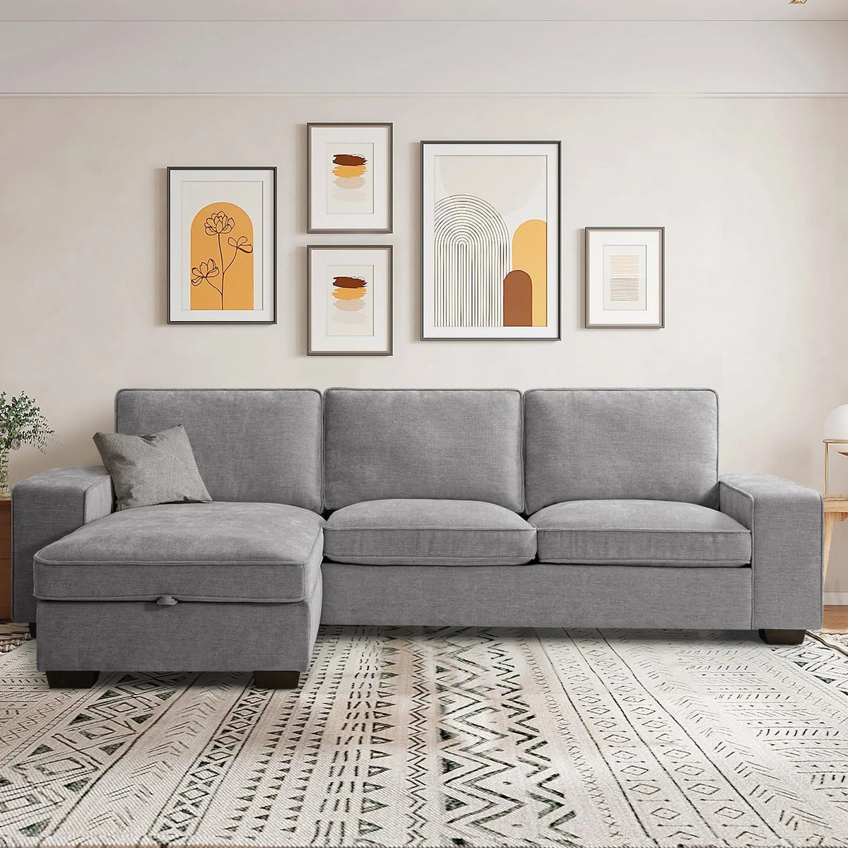 ASHOMELI 99'' Convertible Sectional Sofa,L Shaped Couch,Multi-Functional Reversible Sofa with USB and Type-C Charging Ports, Storage Space, Breathable Fabric