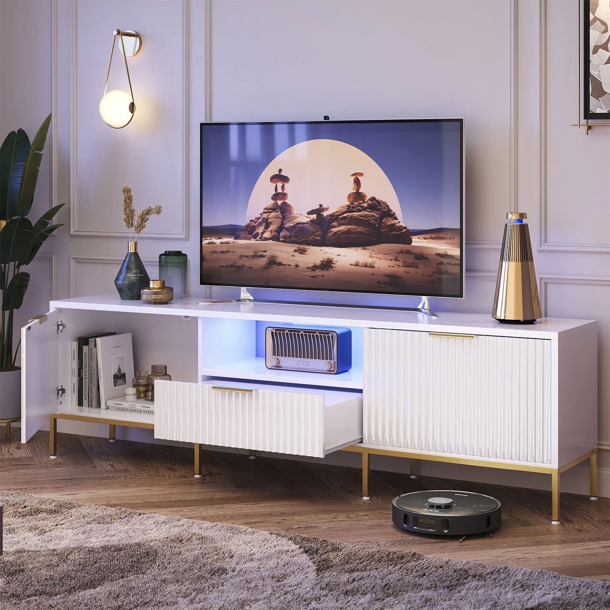 Bestier 55" LED TV Stand for TVs up to 60" Modern High Gloss Entertainment Center with Drawers Cabinets Fluted TV Console, White & Gold