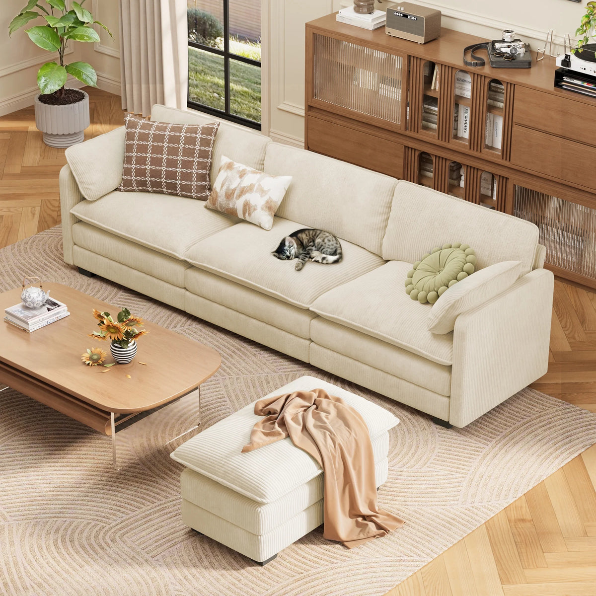Lofka 110�� Modular Sectional Sofa Bed with Double Layer Cushions and Movable Ottoman, Modern Comfy Cloud Couch for Living Room, DIY Combination, Green