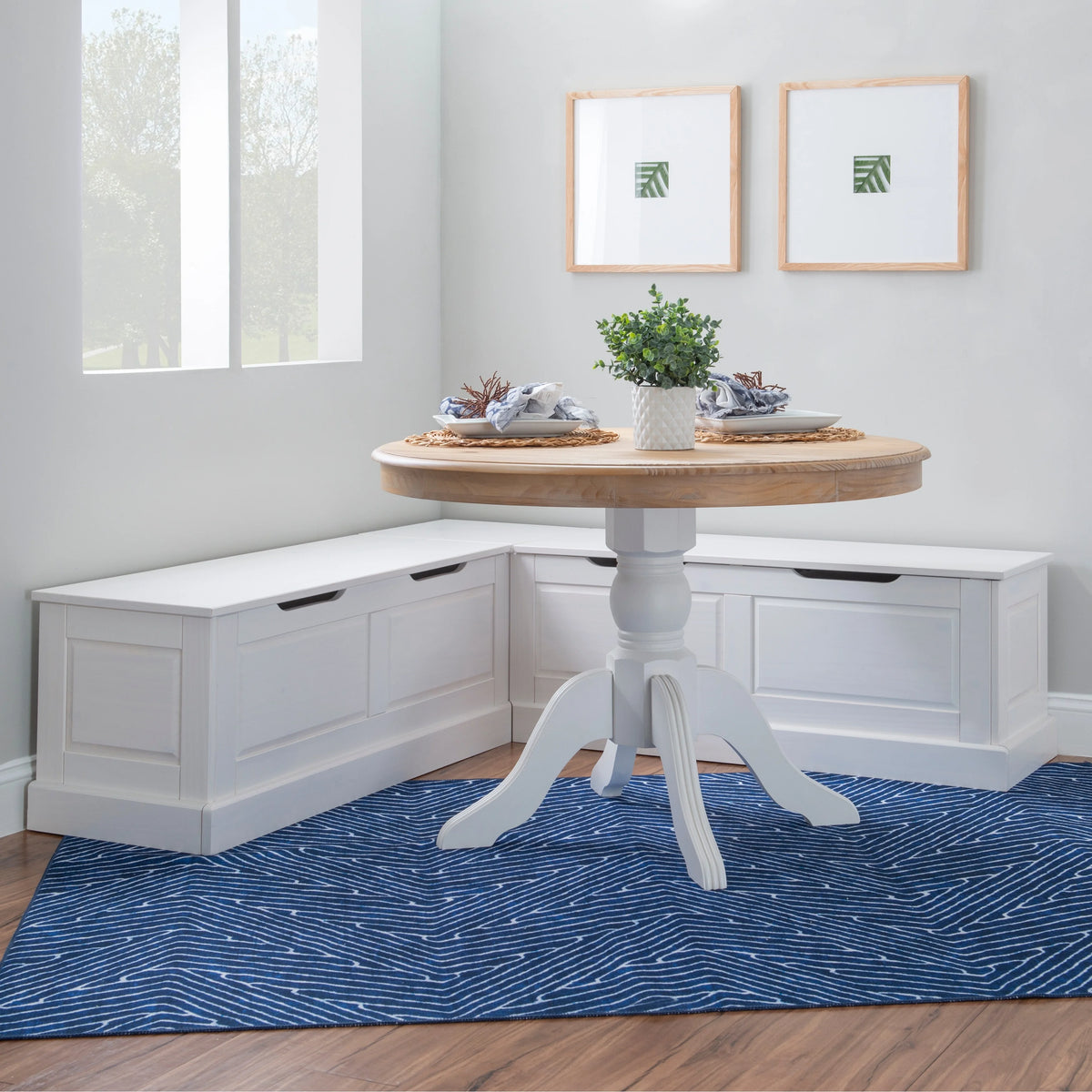 Linon Nook Bench Collection L-Shaped Wood Farmhouse Breakfast Bench with Hidden Storage, White