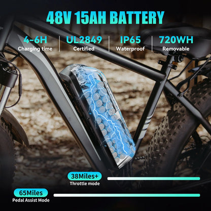 AMYET EB26 Electric Bike for Adults, 26*4.0 Fat Tire E-Mountain Bicycle,Peak 1500W Motor 48V 15Ah 7-Speed Ebike UL2849
