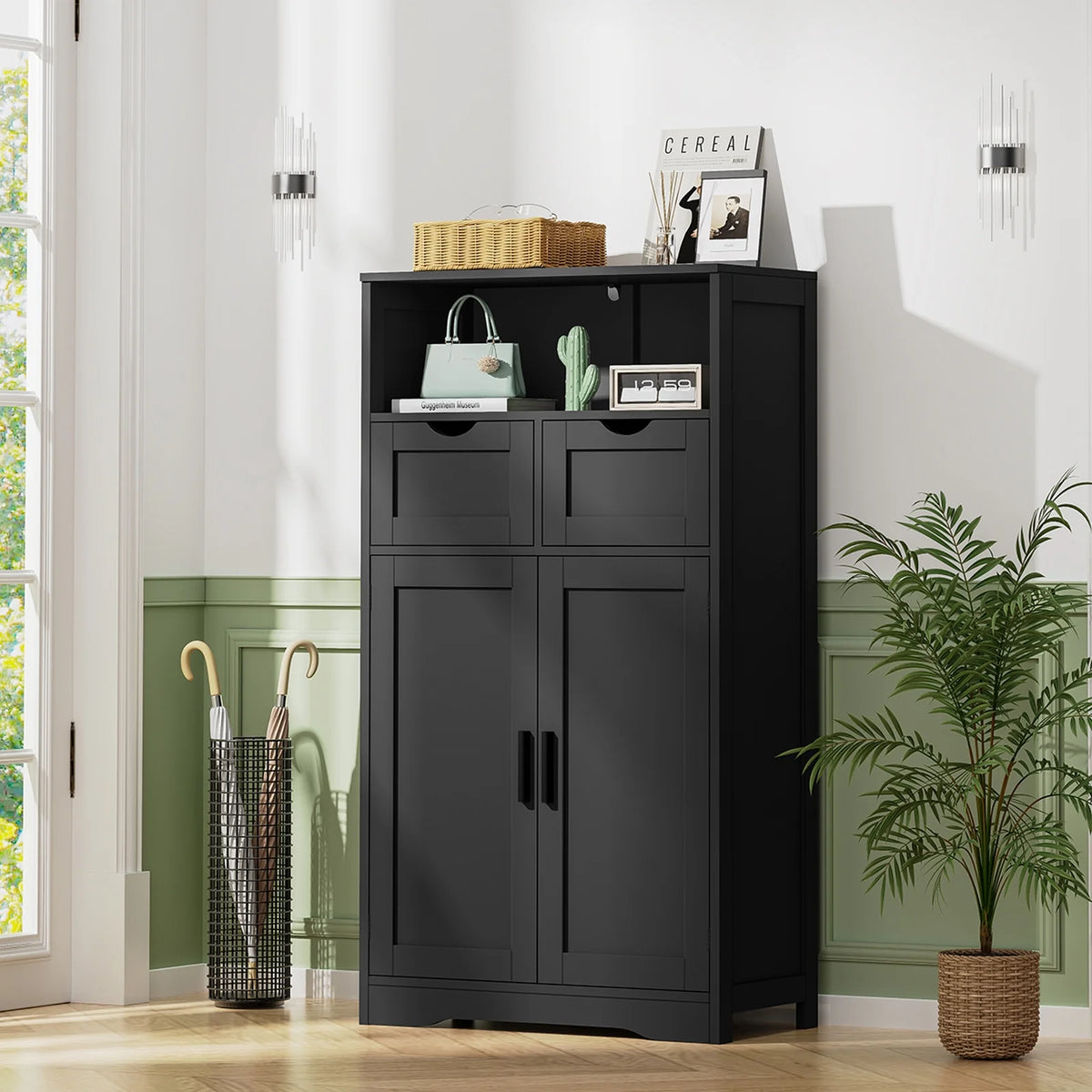 FANGSUM Rattan Storage Cabinet with 2 Drawers & 2 Shelves, Floor Cabinet for Living Room