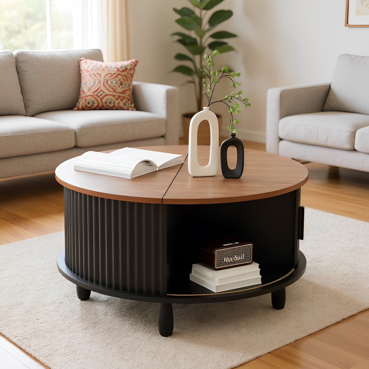 RUMLIVE Round Coffee Table with Storage, 30.7" Modern Coffee Table with 360�� Curved Sliding Door, Fluted Wood Coffee Table with Footpads, Round Center Table for Living Room, Black