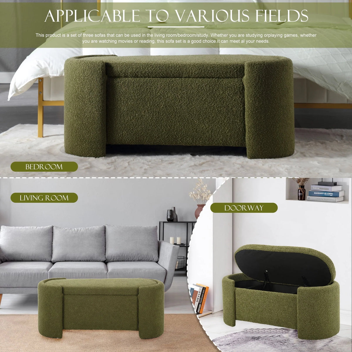KINFFICT 43.3" Velvet End of Bed Bench for Bedroom, Upholstered Storage Ottoman Bench Entryway Bench with Storage for Living Room Bedroom, Green