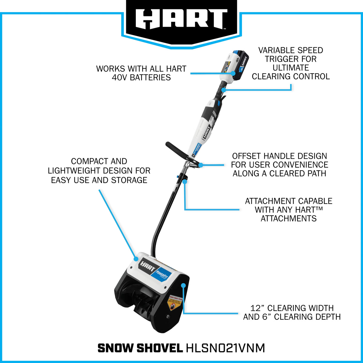 HART 40-Volt 12-inch Single Stage Battery-Powered Snow Shovel Kit, (1) 4.0Ah Lithium-Ion Battery